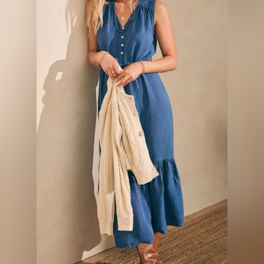 Faherty Ojai Linen Tencel Denim Midi Dress NWT Small Western Prairie Cottagecore - Picture 2 of 15